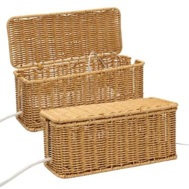 Imagem de DOVORSY Caixa de gerenciamento de cabos, organizador de cabos resistente a rattan, 2 compartimentos abertos, organizador de cabos sob a mesa para roteador de computador, hub USB e tomada, 33 cm x 13