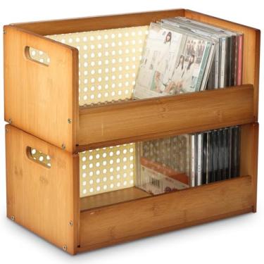 Imagem de AIHSUMC 2 conjuntos de caixas de armazenamento de CD de bambu, prateleiras organizadoras empilháveis para capas de filmes, DVDs, suporte de fita cassete, suporte de disco com alças de transporte