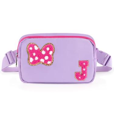 Imagem de Pochete com laço com letra inicial de chenille, bolsa tiracolo impermeável para parque, presentes de aniversário de Natal para adolescentes, meninas, mulheres, crianças, adultos, bolsa de cinto fofa