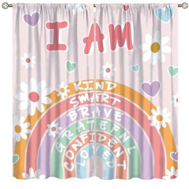 Imagem de Cortinas com citações de arco-íris para meninas, flores coloridas fofas, positivas, palavras inspiradoras, arco floral para crianças, tecido à prova d'água, tratamentos de janela, cortinas para quarto