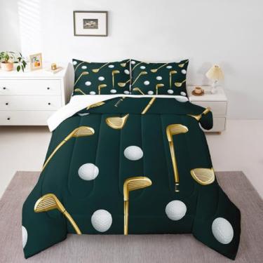 Imagem de Homewish Conjunto de edredom de golfe branco, tamanho casal, dourado, para adultos, adolescentes, jogos, vintage, bola de luxo, conjunto de colcha, decoração de quarto, 3 peças