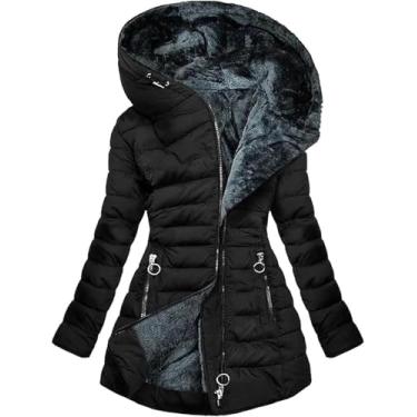 Imagem de Casacos Femininos Forrado De Lã Jaqueta Grossa Térmica Casaco Feminino Com Capuz Zíper Jaqueta Acolchoada Casaco Acolchoado Jaquetas De Inverno Femininas Casaco Acolchoado Gro, Noir, 3XL