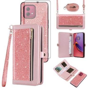 Imagem de Asuwish Capa de celular para Motorola Moto G84 5G Carteira com zíper destacável com protetor de tela de vidro temperado, alça transversal com cordão com glitter, compartimento para cartão G 84 2023