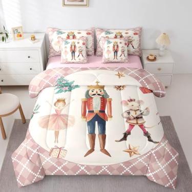 Imagem de Erosebridal Conjunto de edredom solteiro com quebra-nozes de Natal – 7 peças de desenho animado de árvore de Natal, cama xadrez rosa búfalo em uma bolsa com edredom, lençóis, fronhas e fronhas