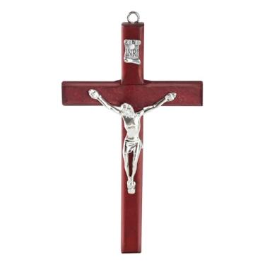 Imagem de XIPENGKEJI Cruz de madeira com cruz de mão oração Jesus cruzes cristã pequena cruz de madeira com para decoração presente cristão 12 cm com bolsa de veludo
