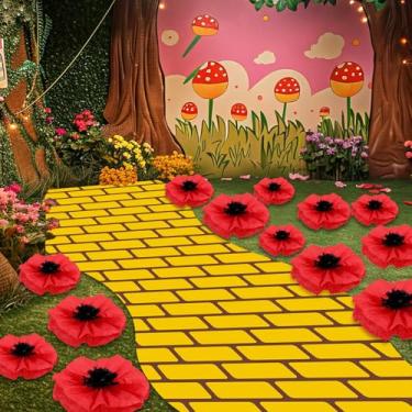 Imagem de Chunful Conjunto de porta-malas ou petiscos, 1 peça de corredor de tijolos amarelos de 237 x 99 cm e 22 peças de flores de papoula vermelhas artificiais para decoração de festa de feiticeiro de