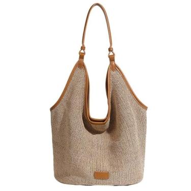 Imagem de GJHFCXSO Bolsas de Praia de Palha Para Mulheres Bolsa Tote Casual CláSsica Feita à Mão Bolsa de Ombro Vazada Para O Verão e Férias,Brown