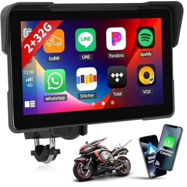 Imagem de Tela Android Carplay de 2 + 32 G para motocicleta, carro sem fio e Android Auto, rádio portátil IPS à prova d'água de 7 polegadas com link espelhado, Bluetooth, WiFi, navegação GPS, assistente de voz