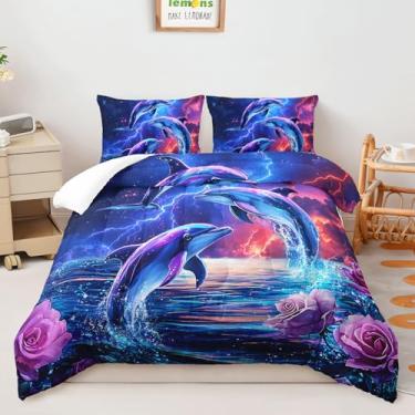 Imagem de AILONEN Jogo de cama solteiro com estampa de golfinho oceano, vermelho e azul, relâmpago floral, golfinho, para crianças, meninas, 3 peças, edredom macio com 2 fronhas