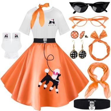 Imagem de 10 peças de roupas femininas, saias poodle dos anos 50, camiseta com acessórios dos anos 50, meias, cachecol, faixa de cabeça, brinco de cinto, Laranja, M