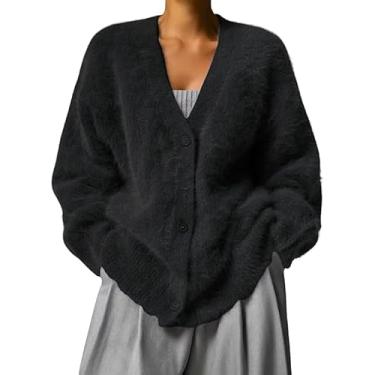 Imagem de Suéter Feminino De Mohair Felpudo Com Botões E Decote Em V Manga Longa De Malha Casual Leve Cardigan, 2, L