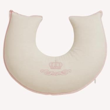 Imagem de Almofada de Amamentação Brubrelel em Linho – Conforto Anatômico com Bordado para Bebê Menina (Coroa Rosa)