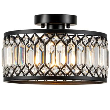 Imagem de Zlepmlla Luz de teto preta cristal, luminária de teto moderna com montagem semiembutida, pequeno lustre redondo para corredor, entrada, banheiro, quarto, lavanderia, 1 luz, 29 cm