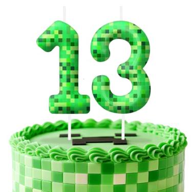 Imagem de Velas de aniversário verdes número 13, topo de bolo com tema de pixel para decoração de bolo para meninos e meninas, decorações de aniversário, suprimentos de festa, velas numéricas para decoração de