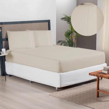 Imagem de Jogo de Lençol Casal Queen 300 Fios Em Poliéster Kit 3 Peças Lençol De Elástico + 2 Fronhas Com Ponto Palito (Jogo De Lençol Caqui)