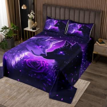 Imagem de Conjunto de colcha King com lobo selvagem, tema amor animal, casal lobo, com 2 fronhas, rosa romântica, floral, roxo, galáxia, microfibra para crianças e adultos, respirável