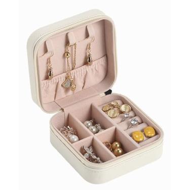 Imagem de Wei Long Organizador de estojo de joias de viagem, caixa de joias pequena portátil, essencial de viagem, presente para mulheres, meninas, colar, anéis e brincos organizador (bege poliuretano, 10 x 10