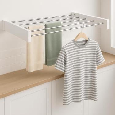 Imagem de Varal Retrátil de Parede Recolhível 80 cm Aço Inoxidável Varal Secreto Reforçado com 5 Varetas para Casa Apartamento Branco