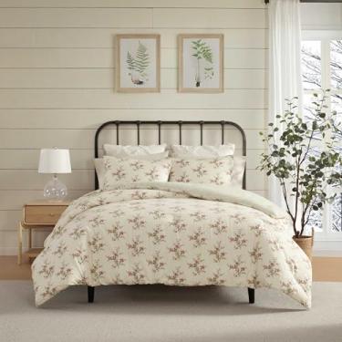 Imagem de Laura Ashley - Conjunto de edredom Queen, reversível e de flanela de algodão naturalmente macio com fronhas combinando, peso médio para uso durante todo o ano, conjuntos de cama de 3 peças (vermelho