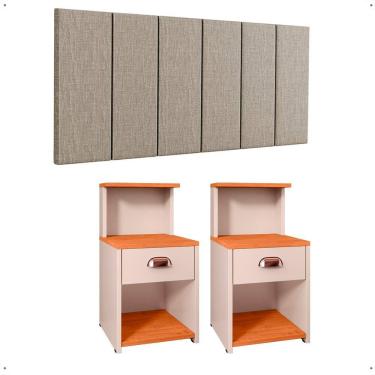 Imagem de Kit 2 Mesinhas Cléo Retrô Nicho Gaveta Puxador Lauren Cabeceira Suspensa Modular Júlia Box Casal Queen 1,60 Quarto - RPM