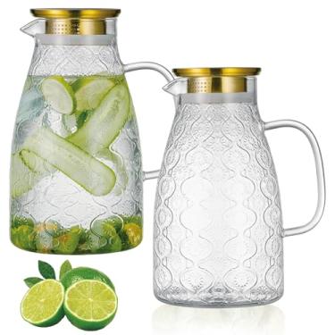 Imagem de Buaic Jarra de vidro com tampa e alça, pacote com 2 jarra de água de 2 litros, design de flores vintage, garrafa de água de vidro borossilicato para água quente/fria, café, chá gelado, resistente ao