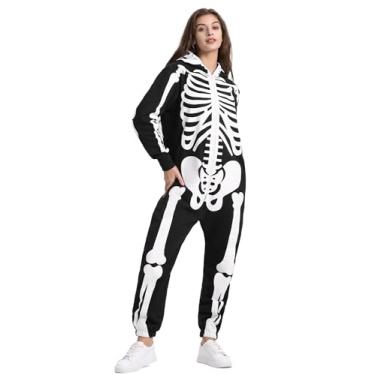 Imagem de Aotiooy Fantasia de esqueleto de Halloween macacão de esqueleto adulto pele de crânio estampado com capuz e zíper fantasia para mulheres, Preto + branco, G