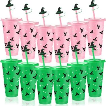 Imagem de LemonRoad 12 conjuntos de copos de plástico rosa e verde com tampas de canudos e capas de canudo 680 g copos de plástico verde rosa reutilizável para decoração de festa de aniversário de bruxas e