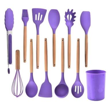 Imagem de Utensílios de cozinha Colher Espátula de silicone Cabo de madeira Decoração livre(26.5CM-Roxo)