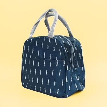 Imagem de Bolsa Marmita Lancheira Térmica Estampada Trabalho Faculdade (Azul com Folhas Brancas)
