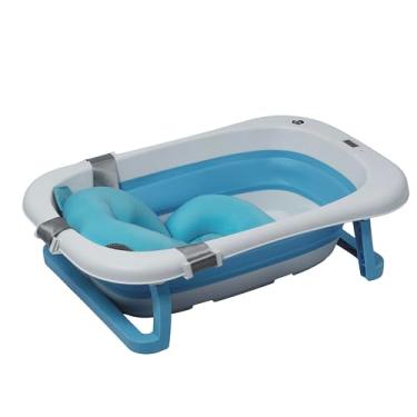 Imagem de Banheira Bebê Dobrável Rígida Infantil Confortável Segura Azul e Rosa Com Termômetro Portátil Com Almofada De Banho (Azul)