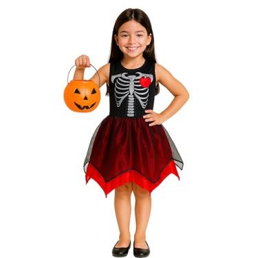 Imagem de Fantasia Infantil Esqueleta Caveira Criança Halloween Vestido Roupa Balde de Abóbora (Preto, G (veste 6 anos))