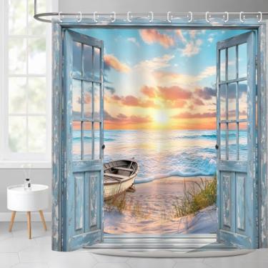 Imagem de ZXMBF Cortina de chuveiro de praia costeira oceano barco nascer do sol à beira-mar mar náutico porta de celeiro rústica litoral azul petróleo decoração de banheiro tecido impermeável 182 cm C x 182 cm
