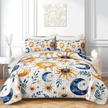 Imagem de QOOMO Conjunto de colcha de sol e lua, tamanho casal/Queen, conjunto de 3 colchas com estampa celestial boho, microfibra macia, leve, boêmia, botânica, com 2 fronhas para todas as estações
