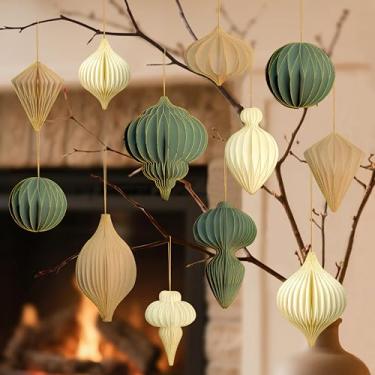 Imagem de 24 peças de enfeites de favo de mel de papel de Natal para árvores, decorações neutras de Natal, com borda de glitter 3D, lanternas de favo de mel, bolas dobráveis para árvore de Natal, Ano Novo