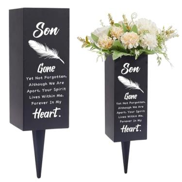 Imagem de CREATCABIN Cemitério Vasos com Espinhos Metal Memorial Vaso Cemitério Flor Titular Pena Preta Vaso de Flores Decorações para Gravesite Filho Perda de Um Amado Exterior Quintal Funeral 7,6 x 20,1 cm