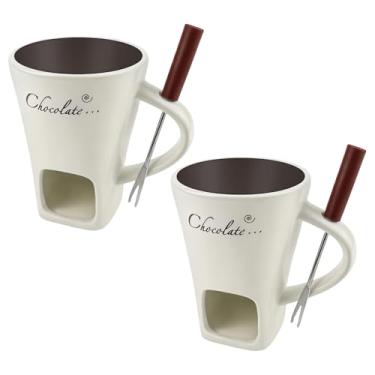 Imagem de 2 conjuntos de copos de fondue de chocolate com garfo, caneca de derretimento de chocolate de cerâmica, cadinho de fondue de chocolate derretido de porcelana, mini pote de fondue para queijo e