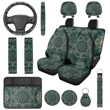 Imagem de DBBXHZJY Capas de assento de carro mandala verde de 14 peças com capa de volante, console central, capas de cinto de segurança porta-copos de carro com chaveiro, conjunto de protetor automotivo