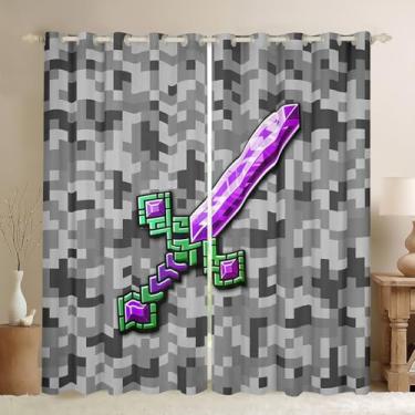 Imagem de Castle Fairy Cortinas de janela com espada verde e roxa, privacidade de verificação de mineiro 30-50% cortina blackout para janelas de videogames, persiana, cobertura de janelas para quarto, 2 painéis