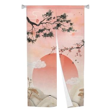 Imagem de Leowefowa Cortina de porta tradicional japonesa Noren estilo longo japonês Boho Mount Sun impresso tratamento de janela Fengshui Noren painel de tapeçaria para divisória de quarto, decoração de casa