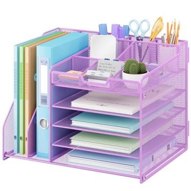 Imagem de Lavatino Organizador de mesa de 5 camadas com 2 suportes de arquivo, bandeja de papel ajustável de metal para organizadores e acessórios de mesa de escritório ou casa | 7 divisórias flexíveis mantêm