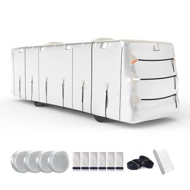 Imagem de FRUNO Capa Oxford de pano classe A RV serve para 30'-33' impermeável resistente a rasgões anti-UV Motorhome capa para trailer inverno neve com capa de macaco 4 capas de pneu e capas de calha