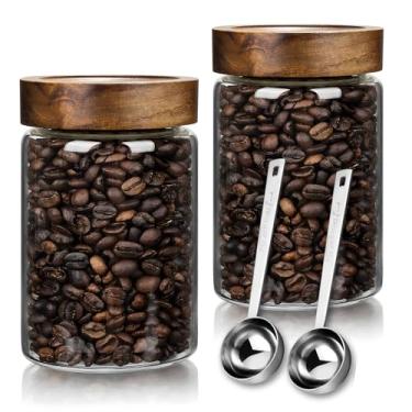 Imagem de JanYoo Pacote com 2 recipientes de café de vidro com tampas e colher, 1000 ml, pote de armazenamento de alimentos com tampas herméticas, recipiente redondo para café de cozinha, conjunto de 2 para