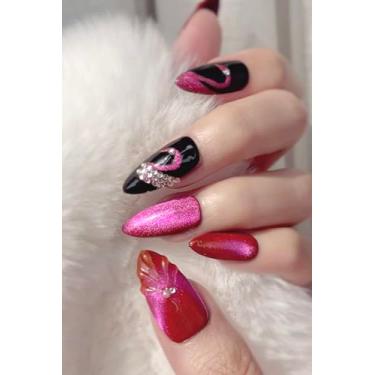 Imagem de Unhas de pressão feitas à mão impressionam unhas postiças amêndoas médias 3D olho de gato diamante preto e roxo cisne strass dedo manicure cola falsa prensa artificial (tamanho G)