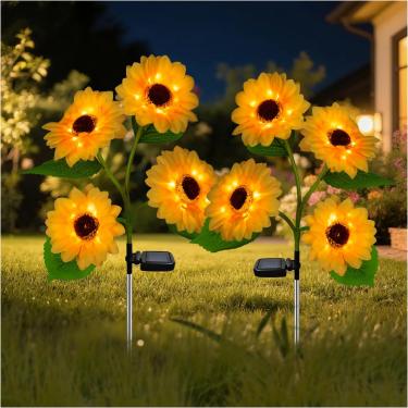 Imagem de MMHF Luzes de estaca de jardim solar ao ar livre, pacote com 2 lâmpadas LED alimentadas por energia solar com 8 girassóis, luzes decorativas solares impermeáveis para jardim, pátio, quintal
