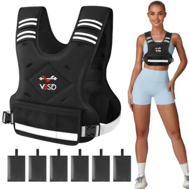 Imagem de VBSD Colete com Peso Ajustável para Homens e Mulheres, 1,8 a 4,5 kg com 6 Pesos de Ferro, Neoprene Preto, Fivela, Tamanho Ajustável, Faixa Refletiva para Corrida, Caminhada, Treinamento de Força