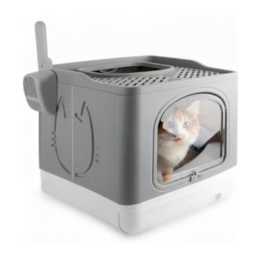 Imagem de Banheiro Caixa de Areia Para Gatos Fechada Banheiro Toalete Sanitário Anti Odor Pá Grande(Cinza Escuro)