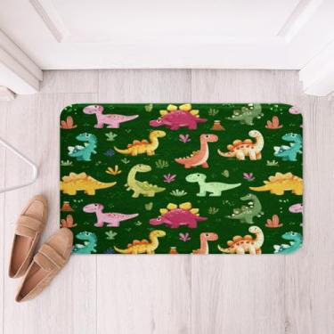 Imagem de jejeloiu Tapetes de banheiro fofos de microfibra 40,6 cm x 61 cm tapetes de banho de dinossauro verde antiderrapante desenhos animados dinossauros acessórios de banheiro selva dino capachos macios