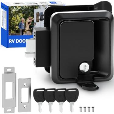 Imagem de Loclink Fechadura única para trailer - Substituição de fechadura de porta de entrada com chave de liga de zinco preta para trailer, trailer, motorhome (serve para recorte de 7,4 x 8,6 cm, 4 chaves