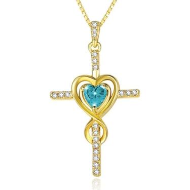 Imagem de CupidGift Colar de cruz para mulheres, banhado a ouro 14 K, pingente de pedra do mês de nascimento, pingente infinito de coração, joias religiosas, batismo cristão, fé, presentes de aniversário para