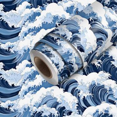 Imagem de HOMETITUTE Papel de parede com design de ondas do oceano flutuantes, descasque e cole papel de contato, 45 cm x 300 cm, revestimento de parede de vinil removível autoadesivo para quarto, cozinha